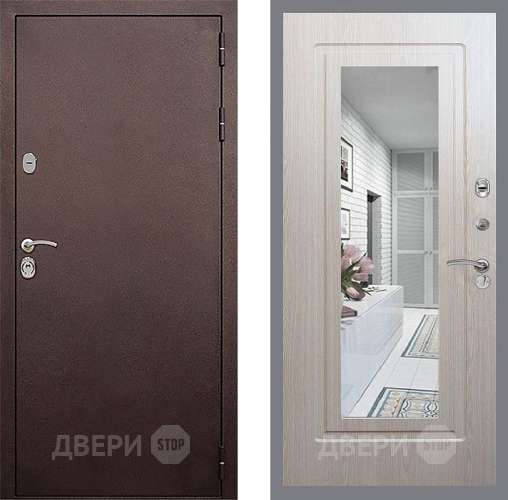 Входная металлическая Дверь Стоп КЛАССИК Медь Зеркало ФЛ-120 Беленый дуб в Химках