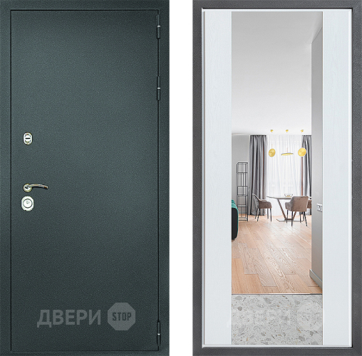 Входная металлическая Дверь Дверной континент Рубикон Серебро Дизайн ФЛЗ-1 Зеркало Белое дерево в Химках